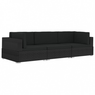 3-częściowa sofa ogrodowa z poduszkami, rattan PE, czarna