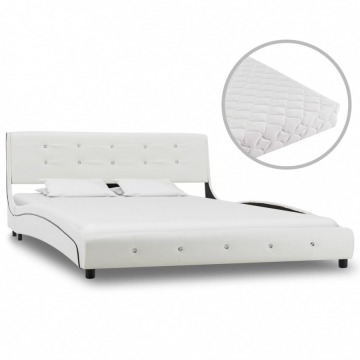Łóżko z materacem, białe, sztuczna skóra, 140 x 200 cm