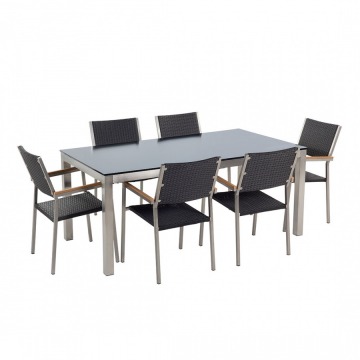 Stół szklany czarny - 180 cm - z 6 rattanowymi krzesłami - Efraim BLmeble