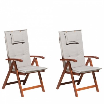 Zestaw 2 krzeseł ogrodowych drewnianych z szarobeżowymi poduszkami TOSCANA