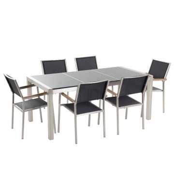 Stół granitowy szary polerowany 180 cm z 6 czarnymi krzesłami - Efraim