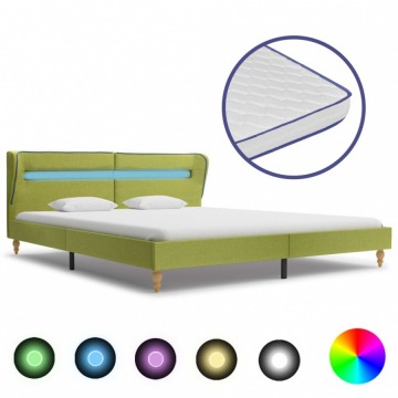 Łóżko LED z materacem memory, zielone, tkanina, 160x200 cm