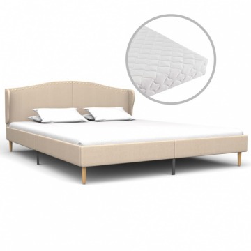 Łóżko z materacem, beżowe, tkanina, 160 x 200 cm