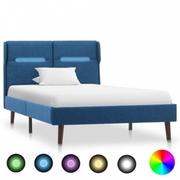 Rama łóżka z LED, niebieska, tapicerowana tkaniną, 100 x 200 cm