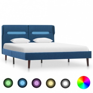 Rama łóżka z LED, niebieska, tapicerowana tkaniną, 120 x 200 cm