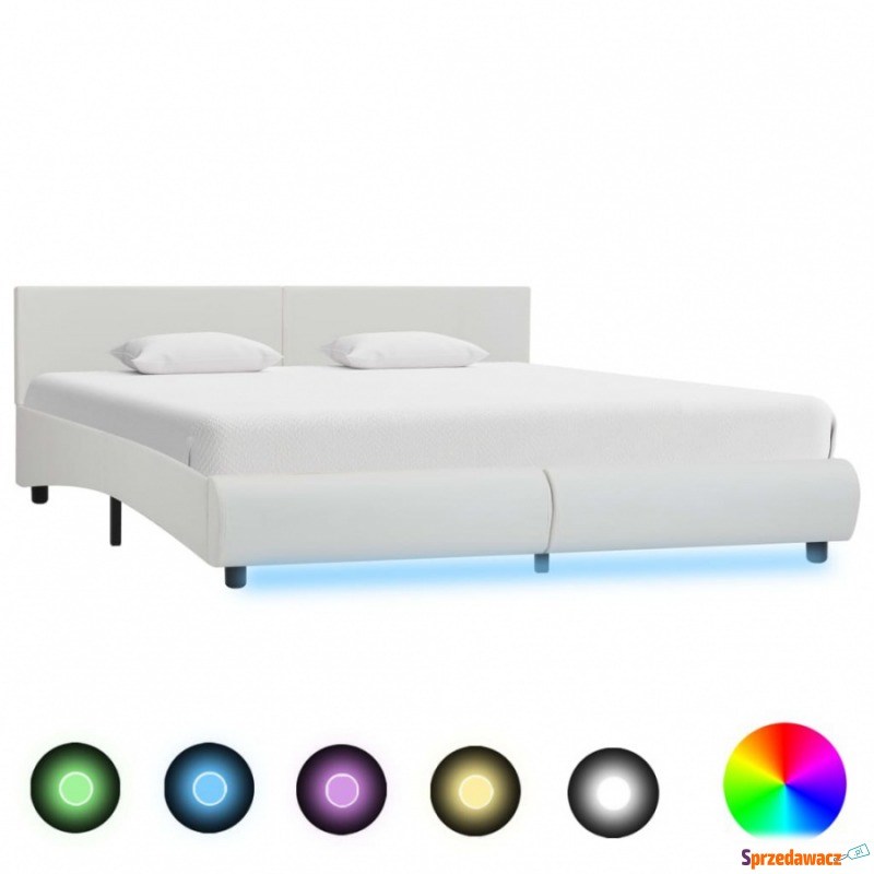 Rama łóżka z LED, biała, sztuczna skóra, 180... - Łóżka - Słupsk