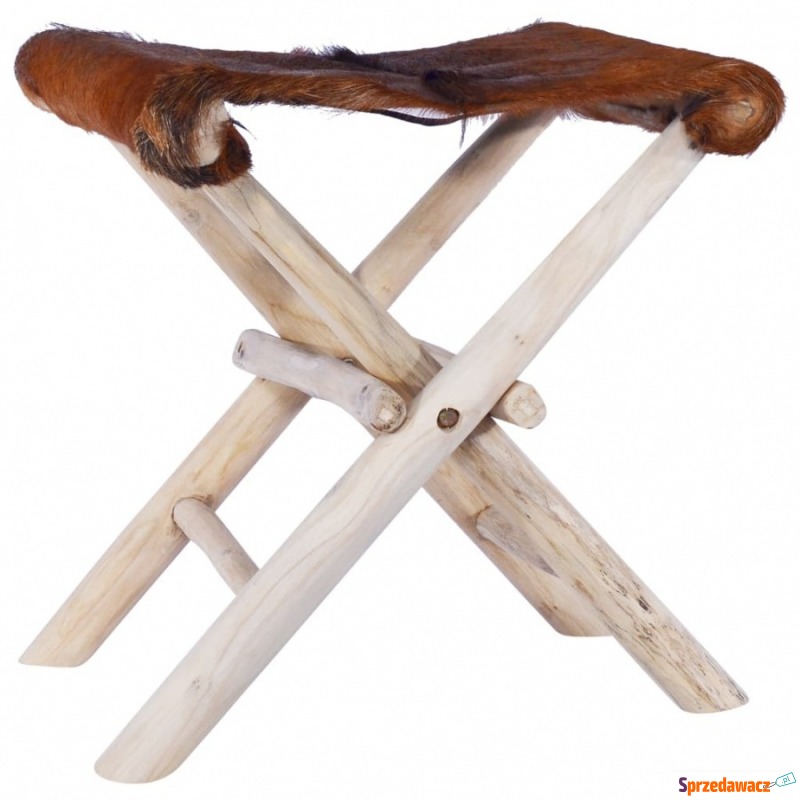 Składany stołek, skóra naturalna i lite drewno... - Taborety, stołki, hokery - Biała Podlaska