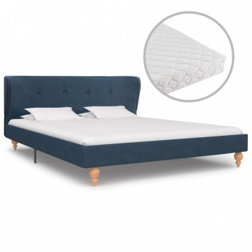 Łóżko z materacem, niebieskie, tkanina, 140 x 200 cm