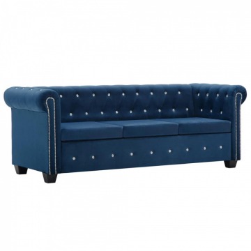 Sofa Chesterfield, 3-os., aksamit, 199x75x72 cm, niebieska