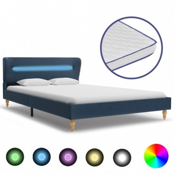 Łóżko LED z materacem memory, niebieskie, tkanina, 120x200 cm