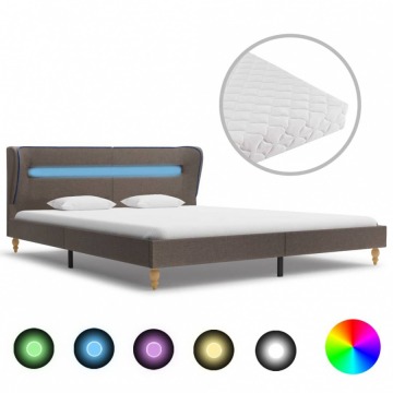 Łóżko LED z materacem, taupe, tkanina, 180 x 200 cm