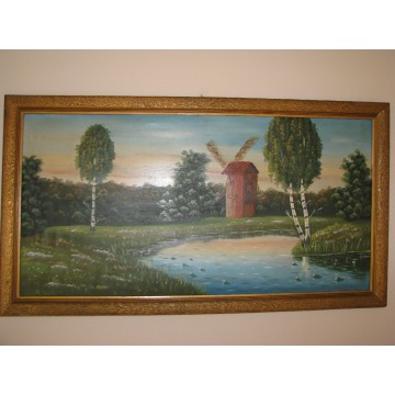 Duży, stary obraz olejny na płótnie w ramie57x105 - pejzaż wiejski z wiatrakiem