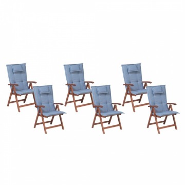 Zestaw 6 krzeseł ogrodowych drewnianych z niebieskimi poduszkami TOSCANA