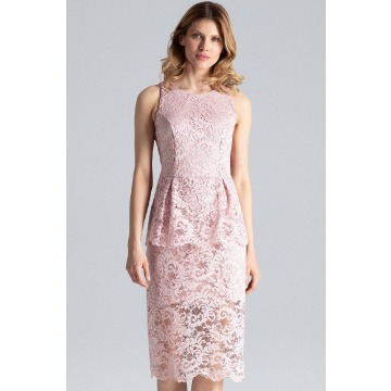Figl - Elegancka koronkowa ołówkowa sukienka midi z baskinką różowa