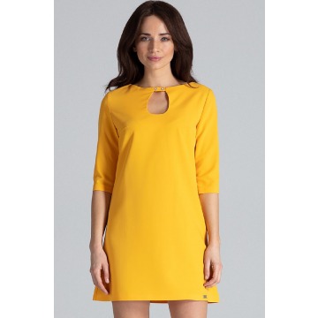 Lenitif - Trapezowa sukienka mini rękaw 3/4 dekolt łezka żółta