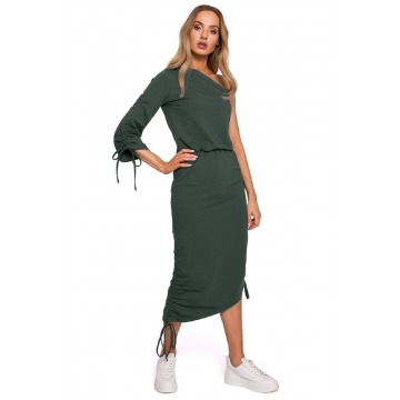 Moe - Bawełniana sukienka na jedno ramię z jednym rękawem zielona