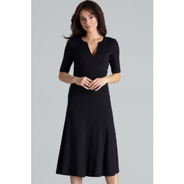 Lenitif - Elegancka sukienka midi rozkloszowana w kliny dekolt V czarna