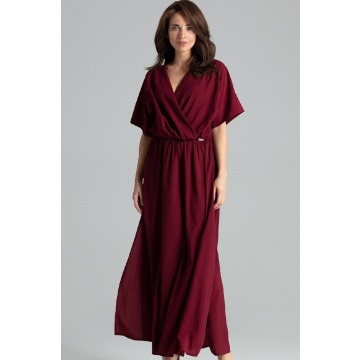 Lenitif - Długa rozkloszowana sukienka oversize kopertowy dekolt bordo