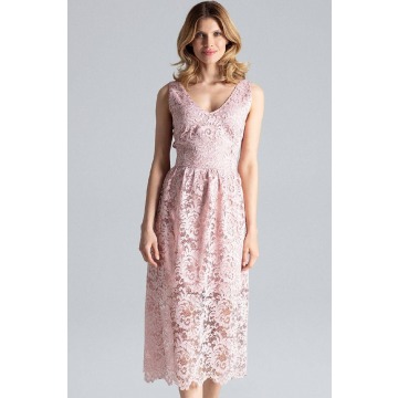 Figl - Elegancka rozkloszowana sukienka midi z koronki różowa