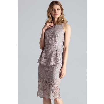 Figl - Elegancka koronkowa ołówkowa sukienka midi z baskinką beżowa