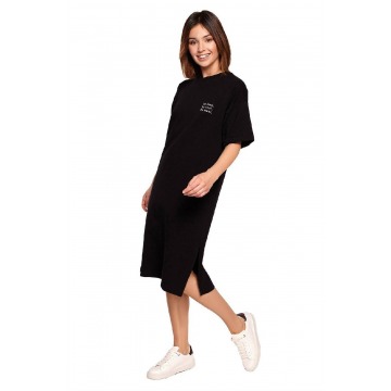 BE - Swobodna shirtowa sukienka midi z krótkim rękawem czarna
