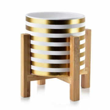Doniczka osłona na stojaku drewno złota ceramika