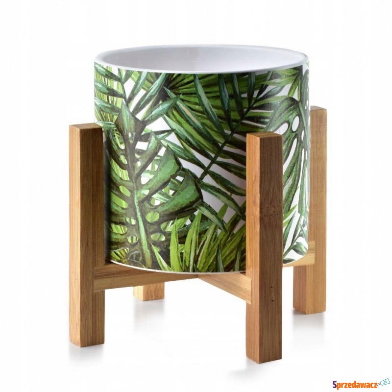 Doniczka osłona na stojaku drewno jungle ceramika - Osłonki - Sochaczew