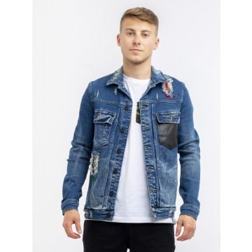 Leather Pocket Jeans Jacket Blue