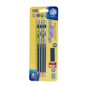 4 ołówki z gumką Astra z temperówką i nakładką na blistrze