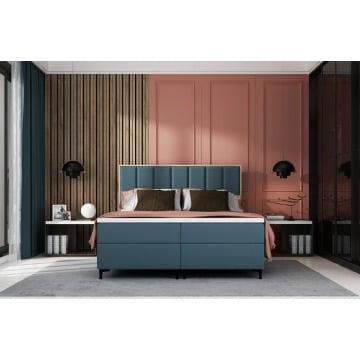 tapicerowane łóżko kontynentalne london z zagłówkiem z pionowymi przeszyciami i elementami drewna. o
