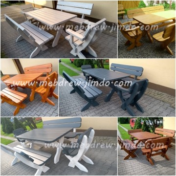 zestaw ogrodowy drewniany stół ławki i fotele