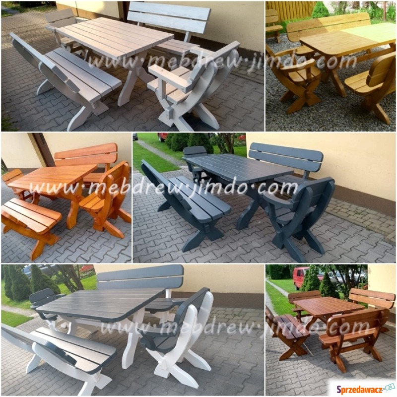 zestaw ogrodowy drewniany stół ławki i fotele - Stoły, ławy, stoliki - Tokarnia