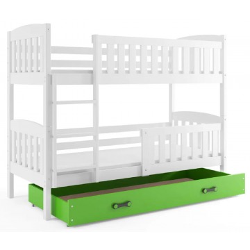 Białe łóżko piętrowe z zieloną szufladą 90x200 - Elize 3X