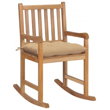 Drewniany fotel bujany z beżową poduszką - Mecedora