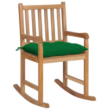 Drewniany fotel bujany z zieloną poduszką - Mecedora