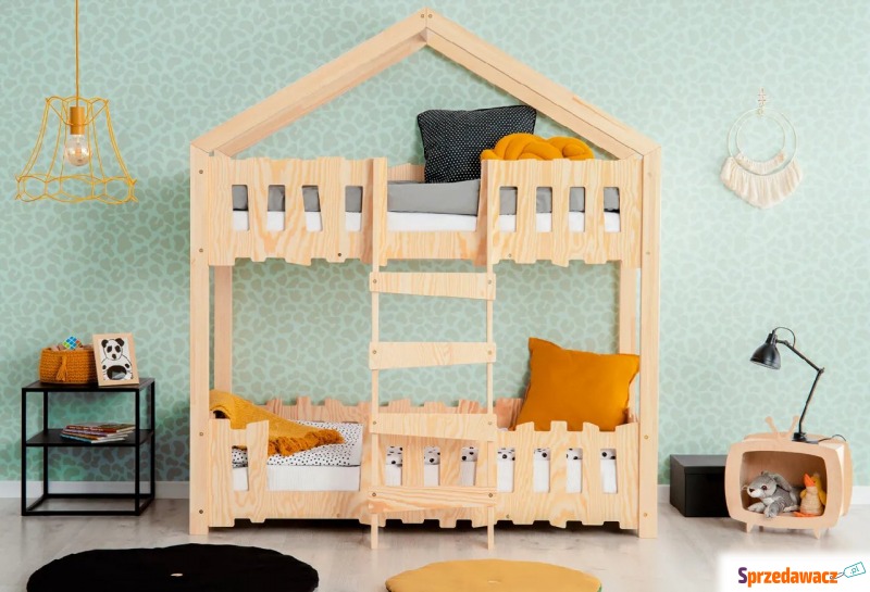 Drewniane łóżko piętrowe domek z barierkami -... - Meble dla dzieci - Łódź