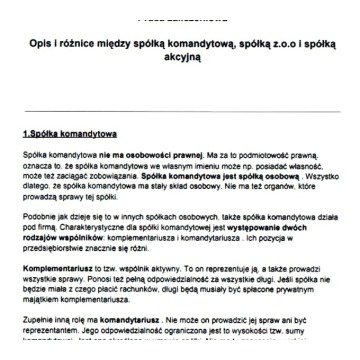 "Różnice między spółką komandytową, spółką z.o.o i spółką akcyjną"