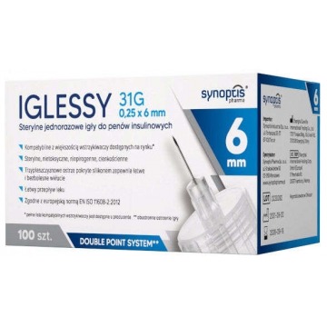 Iglessy sterylne jednorazowe igły do penów insulinowych 31g 0,25 x 6mm x 100 sztuk