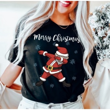 damska koszulka świąteczna czarna z Mikołajem merry