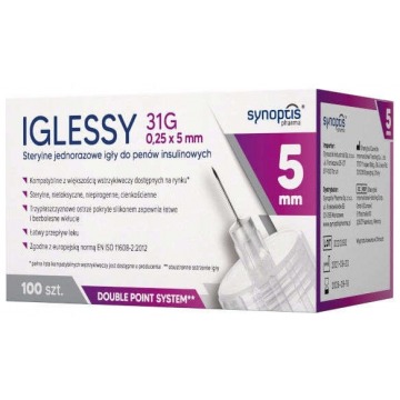 Iglessy sterylne jednorazowe igły do penów insulinowych 31g 0,25 x 5mm x 100 sztuk
