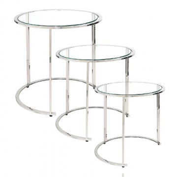  - Komplet trzech okrągłych stolików z szklanym blatem 