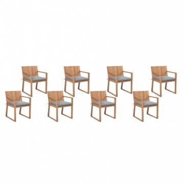 Zestaw 8 drewnianych krzeseł ogrodowych z szarymi poduchami SASSARI