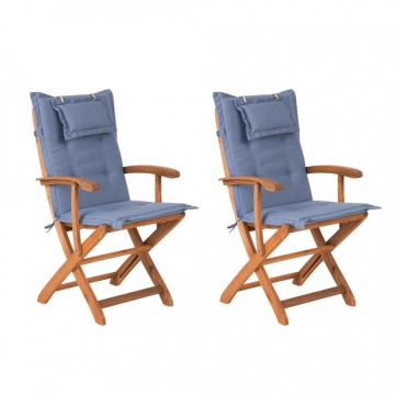 Zestaw 2 krzeseł ogrodowych drewniany z niebieskimi poduszkami MAUI