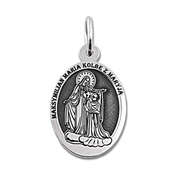 Medalik srebrny z wizerunkiem Św. Maksymiliana Marii Kolbego z Maryją