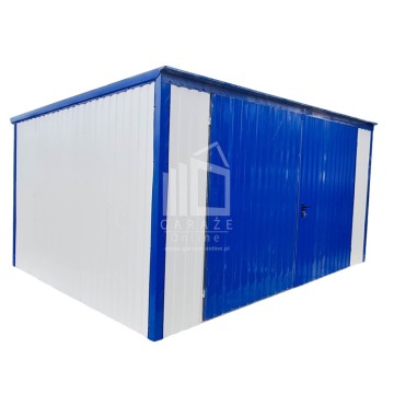 Garaż Blaszany 4m x 5m pion - spad w tył - Brama - niebieski + biały ID157 4x5