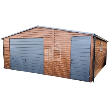 GARAŻ BLASZANY 6m x 5,8m poziom - dwuspad - Brama + drzwi + okno - drewnopodobny + antracyt ID167