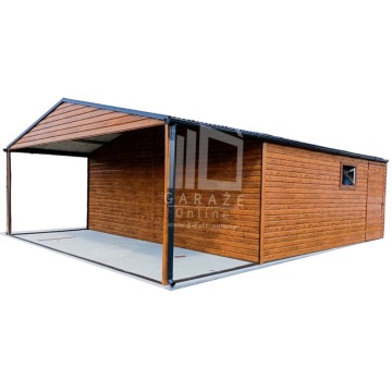 GARAŻ BLASZANY 6m x 5m poziom - dwuspad 2x Brama - jasny orzech - wiata - drzwi - okno pcv ID116 6x5