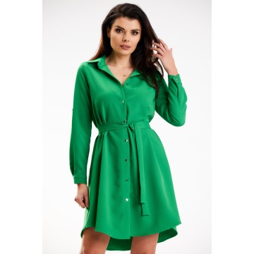 Koszulowa sukienka z podpinanym rękawem  - zielona