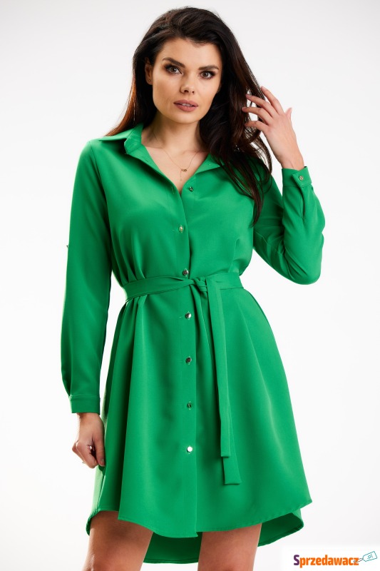 Koszulowa sukienka z podpinanym rękawem  - zielona - Sukienki - Kwidzyn