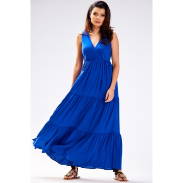 Letnia wiskozowa sukienka maxi z falbankami - niebieska